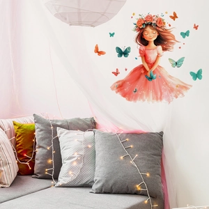 Whimsical girl with floral crown and colorful butterflies wall decals for home decoration