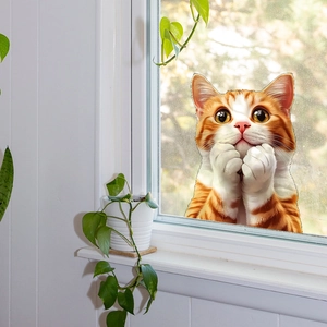 3D cat wall sticker with orange and white kitten peeking through a bright window frame