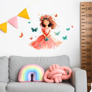 Cartoon girl wall sticker with colorful butterflies for girls bedroom decor