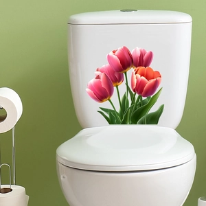 3D tulip flower decal with red and yellow blossoms applied to a white ceramic toilet tank