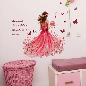Adesivo murale ragazza in abito rosa con fiori e farfalle per decorazione camera