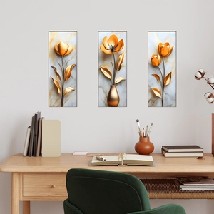 Three-piece gold tulip wall art stickers with white marble background in modern living room