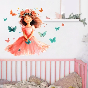 Dreamy Girl with Flower Crown and Butterflies Wall Sticker Kids Room Nursery Home Decor DIY Self Adhesive Wall Decal
