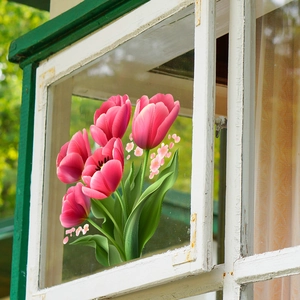 Pink tulip wall stickers on retro white window for bedroom and home decor