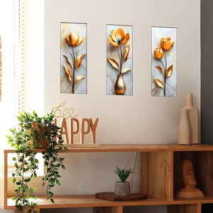 Three-piece golden tulip wall art with white marble texture for modern home decor