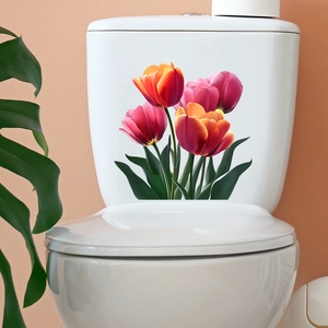 Tulip Flower Toilet Lid Sticker PVC Waterproof Realistic Floral Decal For Bathroom Toilet Tank Decoration Self Adhesive