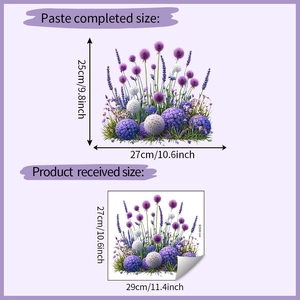 Detail view of purple flower wall decals showing size dimensions for home decor