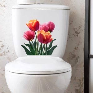 Self-adhesive red and yellow tulip waterproof wall stickers for toilet tank decoration