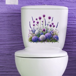 Purple allium and lavender floral self-adhesive wall sticker on a white ceramic toilet tank