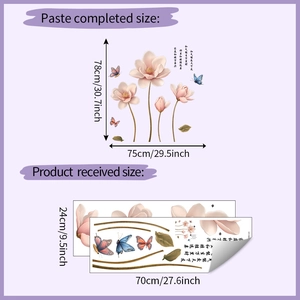 Detail of floral wall stickers with pink magnolia and butterflies in compact layout