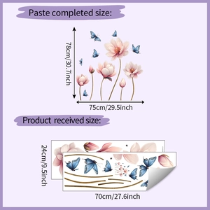 Wall decal showing completed floral butterfly layout versus the received sheet dimensions