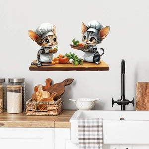 Self-adhesive cartoon cat chef wall sticker for kitchen decoration featuring cute kittens