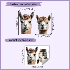 Detailed size chart for cute alpaca wall stickers with application and sheet dimensions