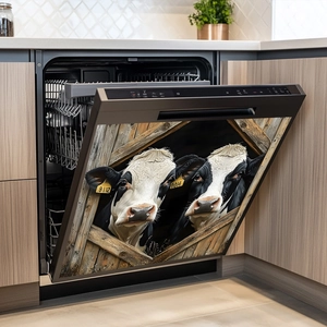 Cartoon cows peeping from barn window decorative self-adhesive sticker for dishwasher decor