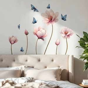 Bedroom wall sticker with realistic pink flowers and blue butterflies for home decoration