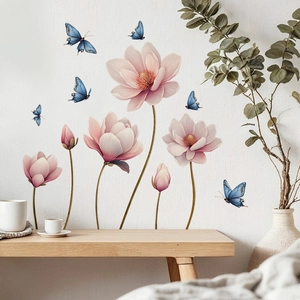 Pink Magnolia Flower Butterfly Wall Sticker PVC Self Adhesive Removable Decal For Living Room Bedroom Home Decor