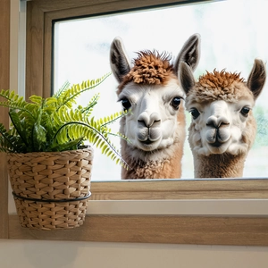 Cute alpaca wall decals with window view and hanging green plants for home decor