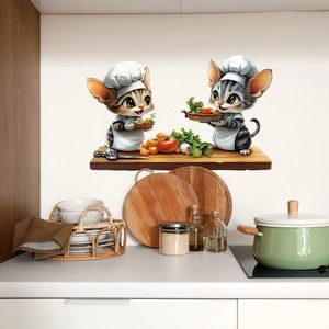 Cartoon cat chef wall stickers for kitchen decor featuring cute kittens cooking on vinyl