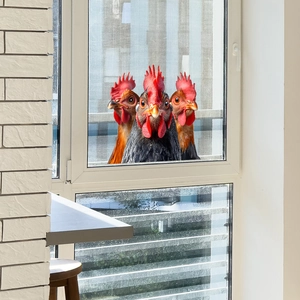 Realistic window sticker with three lifelike roosters on bright glass for home decor