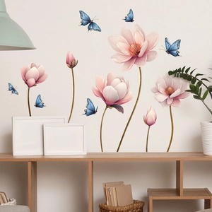 Pink magnolia flower and blue butterfly self-adhesive wall stickers for home decoration