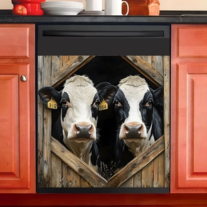 Magnetic dishwasher cover sticker with 3D realistic cows peeking through a barn window