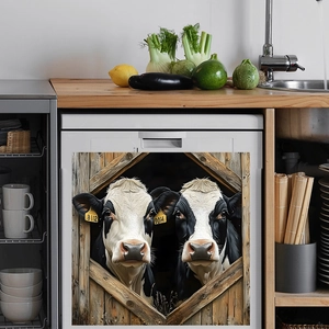 3D cartoon cow wall sticker for kitchen cabinets with realistic farmhouse wooden frame design