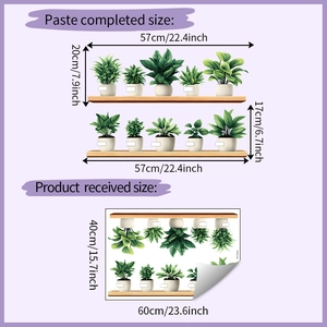 Detailed dimensions of self-adhesive green potted plants wall stickers for home decor