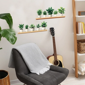 Self-adhesive wall stickers with green potted plants on wooden shelves for home decor