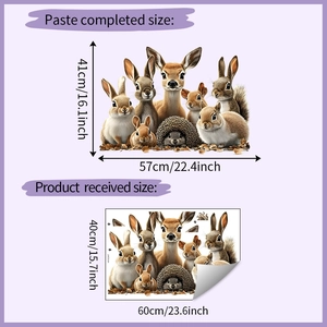Detail view of forest animal wall decals showing the application size and packaging dimensions