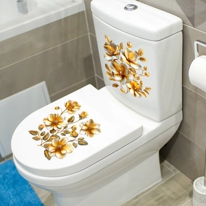 3D golden floral stickers for toilet decoration with waterproof metallic flower design