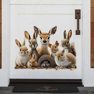 Forest animal wall stickers with rabbits and deer on a white wooden door decor
