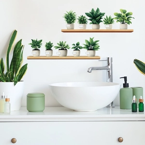 Self-adhesive green potted plant wall stickers featuring 10 mini plants on wood shelves