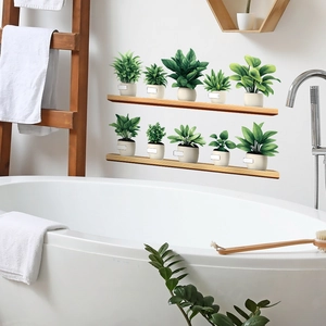 Self-adhesive green plant wall decals with wooden shelves for cozy home interior decor