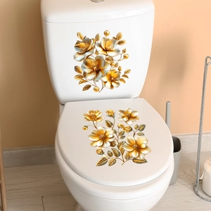Elegant 3D gold flower toilet lid decals and tank sticker set for bathroom home decor