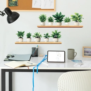 Self-adhesive green potted plant wall stickers with wood shelves for home wall decoration