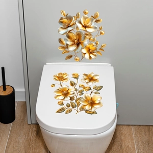 Elegant 3D golden flower wall decals and self-adhesive toilet stickers for home decor