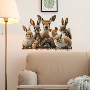 Forest animals wall decals featuring deer and rabbits in a warm living room interior