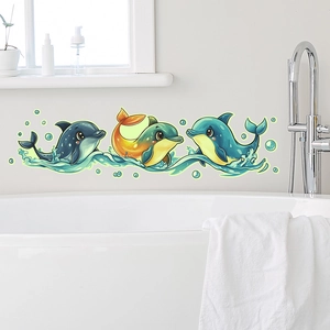 Close-up of colorful waterproof cartoon dolphin wall stickers in a modern bathroom decor