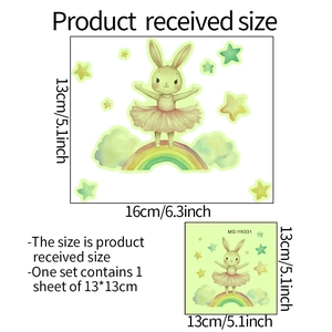 Detailed view of ballet bunny on rainbow with stars wall sticker dimensions and scale