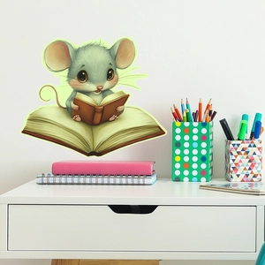 Sticker mural phosphorescent souris lisant sur un livre pour chambre et bureau d'enfant