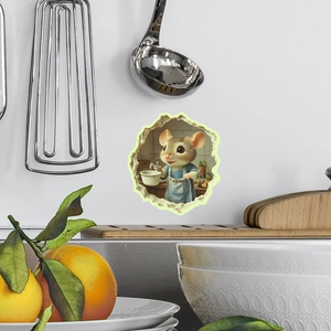 3D wall sticker with cartoon mouse in apron and broken wall effect for kitchen decor
