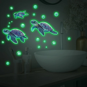 Adesivi murali tartaruga marina luminosa con bolle brillanti nel bagno al buio