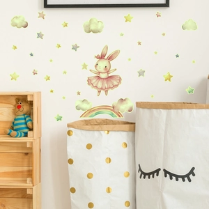 Nursery wall stickers featuring a ballet bunny, rainbow, and stars on a white wall decor