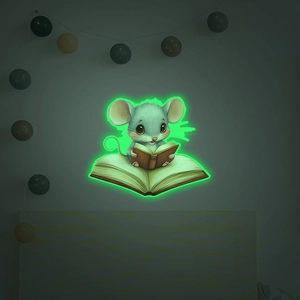 Sticker mural souris de dessin animé lumineuse lisant un livre pour chambre d'enfant
