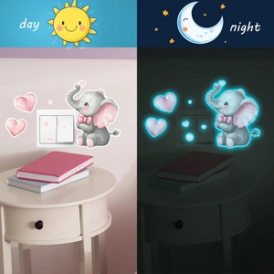 Luminous cartoon elephant and pink hearts wall switch sticker with day and night glowing effects
