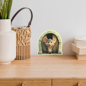 Detailed 3D cartoon mouse hole wall sticker with luminous glow on a home wall
