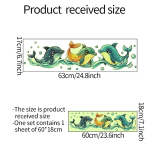 Cartoon dolphin wall stickers for bathroom decor with detailed size measurements and layout