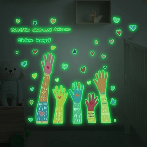 Glow in the dark handprint wall stickers with hearts and inspiring quotes for bedroom