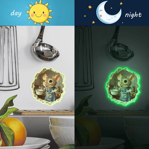 Luminous 3D cartoon mouse kitchen wall sticker showing day and night glowing effects