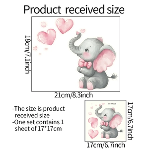 Detailed size guide for MG-YK028 elephant and heart luminous wall stickers showing 17x17cm sheet